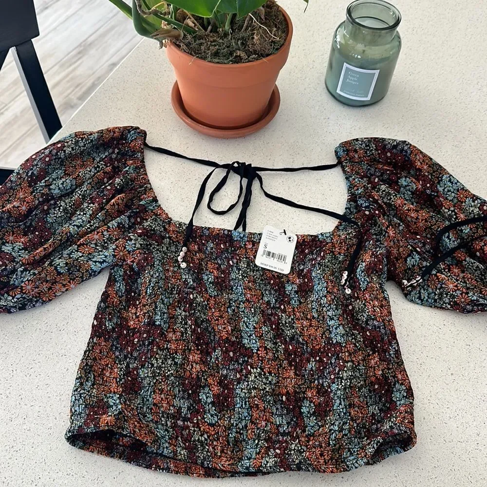 NWT Free People Back on Top Floral Square Neck Puff Sleeve Earthy Cropped S